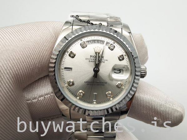 Rolex Day-Date 128239 Férfi 36 mm-es gyémánt tárcsás ezüst tárcsás automata óra